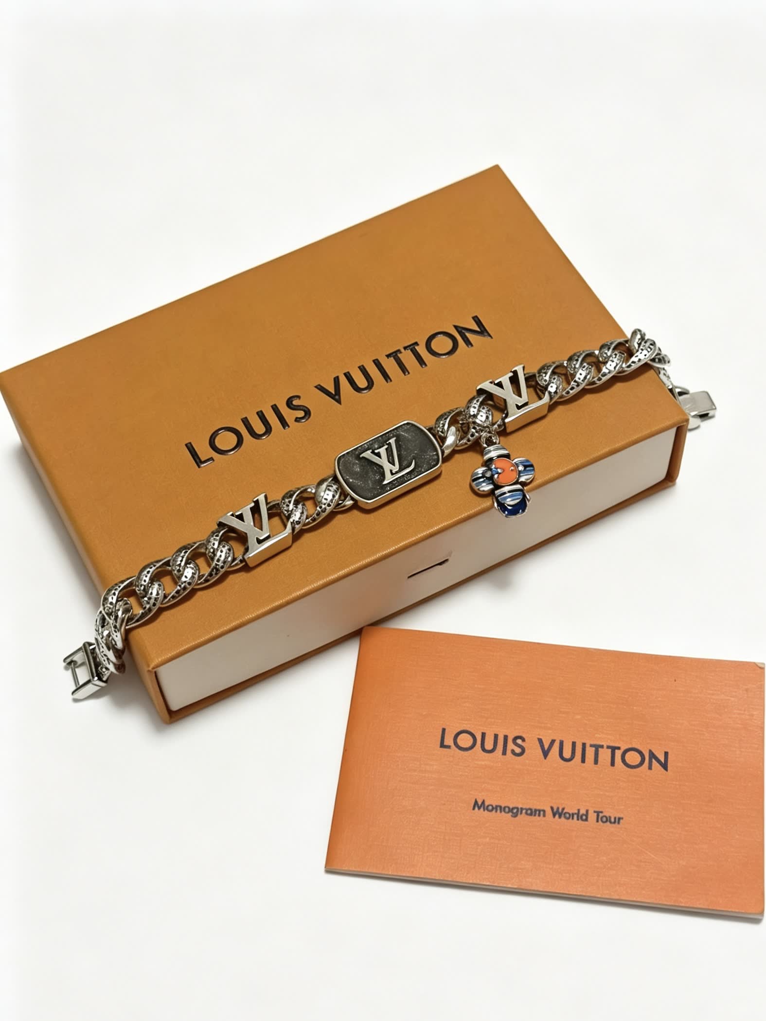 Louis Vuitton Silver Bracelet with Monogram Charms